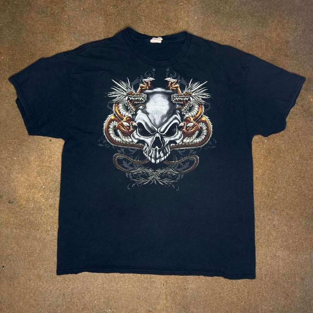 Y2K Skull Dragon Graphic T Shirt Black Gildan Heavy Cotton Mens XL Biker